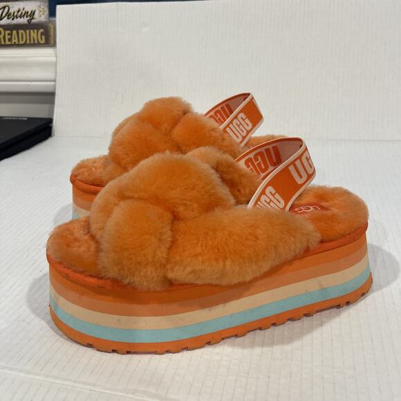 UGG Women Sz 6 Disco Knot Slide Platform Genuine Shearling Slip On Sandal Orange - Picture 2 of 13